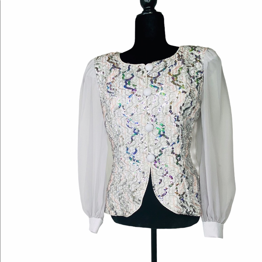 Vintage Formal Jacket Sequined  Top Sheer Sleeves by J. Benjamin 6 Made in USA